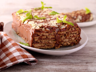 No bake biscuits chocolate cake sliced