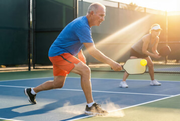 Fototapeta premium Senior man hits a squash ball on court while another player waits nearby