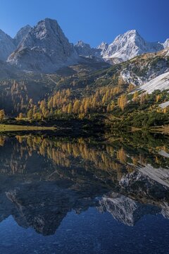 Mountains reflected in mountain lake, sun, autumn, Seebensee, Mieminger Kette, Tyrol, Austria