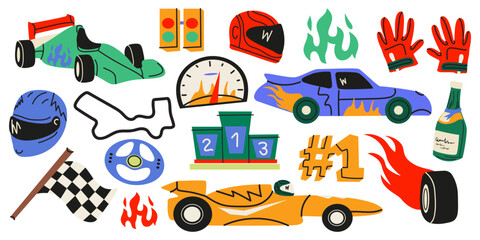 Racing bright stickers set in cartoon style. A racing car, track, steering wheel, speed, driver's helmet, wheel tires, checkered flags. Car racing, competition, drive, victory concept. Vector icons © luamor