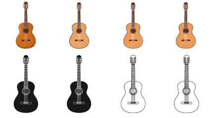 Naklejka premium Vector set of classical guitars, in realistic, flat color, black silhouette and outline versions stock illustration