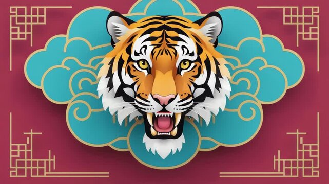 Chinese New Year Tiger Head Paper Cut Illustration with Oriental Clouds