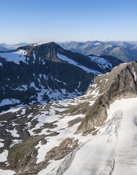 Mountain panorama, glacier remains of Sk&aring;labreen, view from the summit of Sk&aring;la, Loen, Norway