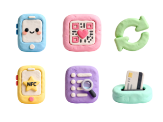 Clay Icons of Digital Payment and Technology: Whimsical clay icons represent modern technology, including a mobile phone, a QR code, a recycling symbol, an NFC symbol, a list and magnifying glass.