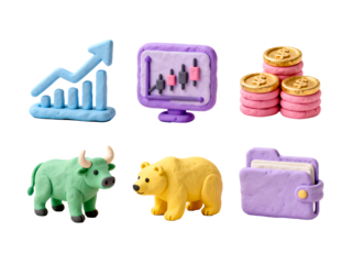 Stock Market Concepts: Colorful, playful clay figures representing financial concepts, including rising charts, digital displays, coin stacks, a bull, a bear, and a wallet.