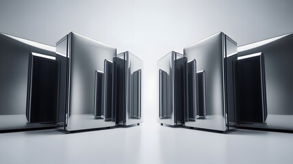 Abstract modern technology background with sleek silver metallic server racks reflecting light in a clean, high-tech digital environment studio setting.