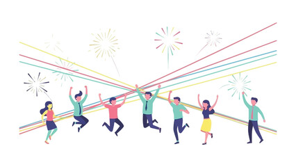 Celebration with Joyful Fireworks: Energetic individuals leap with elation amidst a vibrant display of fireworks, celebrating a shared moment of success and accomplishment.
