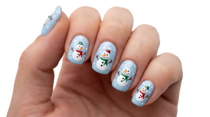 Hand with festive snowman nail art featuring cute hand-painted designs on light blue polish ideal for seasonal beauty promotions and Christmas celebrations