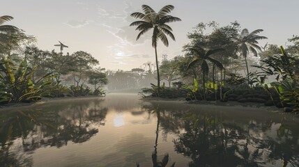 Tropical Jungle River Scene with Palm Trees Morning Mist Natural Lighting