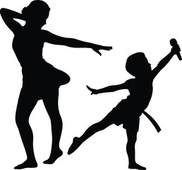 Silhouette of dancing woman and child performing expressive movement, creative choreography pose, joyful performance, artistic dance illustration