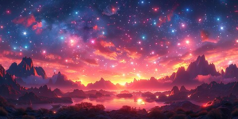 Panoramic Surreal Fantasy Landscape Under A Starry Night Sky With Glowing Lights