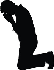 Silhouette of kneeling man praying with hands together showing sorrow reflection worship spirituality emotional gesture isolated