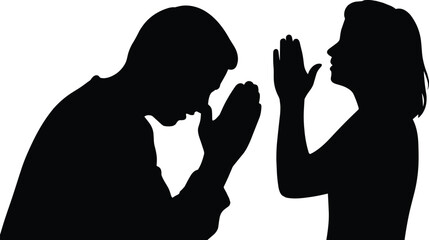 Silhouette of man and woman facing each other expressing prayer apology respect gesture communication concept isolated illustration
