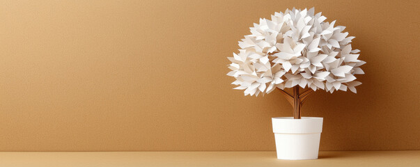 Minimal christmas decor with white paper tree in pot against brown background creating calm festive atmosphere