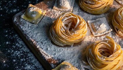 Artisan Raw Tagliatelle Nests and Ravioli Scattered with Flour on Rustic Wooden Board