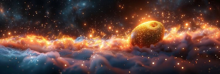 Panoramic View of a Fiery Celestial Body Surrounded by Cosmic Dust and Stars