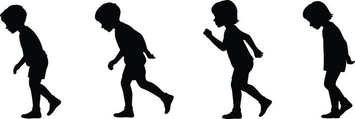 Silhouette sequence of child walking showing movement progression in simple minimalist style, isolated black figure on white background