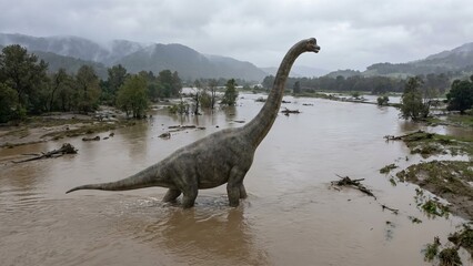 Fototapeta premium Brachiosaurus dinosaur walking through a widespread flood with muddy water, submerged trees, and debris, featuring an overcast sky with mountains in the background, creating a prehistoric atmosphere