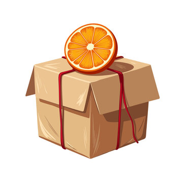 Gift box tied with red string and dried orange slice in flat vector style for rustic winter packaging and handmade seasonal concept - natural holiday wrapping