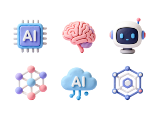 Digital Intelligence Array: A modern composition presents key symbols of Artificial Intelligence, each element contributing to the narrative of innovation and technological advancement.