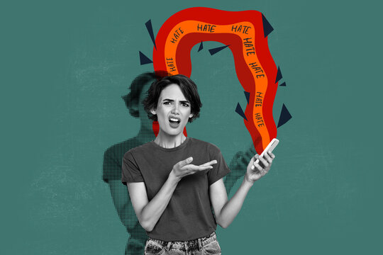 Trend photo banner 3d collage of dissatisfied girl hold phone receive cyberbully problem hate content abuse assault depression
