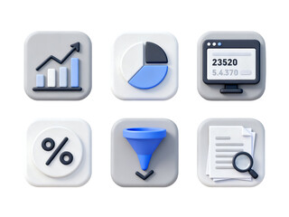 Data and Analytics Icon Set: A collection of six distinct icons representing core concepts in data analysis and business statistics, designed with clean lines and a modern aesthetic.