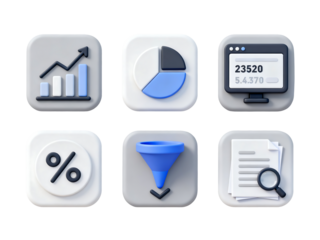 Data and Analytics Icon Set: A collection of six distinct icons representing core concepts in data analysis and business statistics, designed with clean lines and a modern aesthetic.