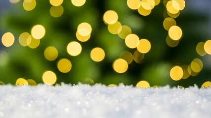 Warm bokeh lights on snowy ground with green blur background
