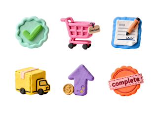 E-commerce Essentials: A visual guide through the digital shopping experience, featuring a collection of charming, handcrafted icons symbolizing key e-commerce elements. 