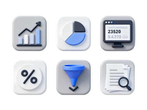 Data and Analytics Icon Set: A collection of six distinct icons representing core concepts in data analysis and business statistics, designed with clean lines and a modern aesthetic. - Powered by Adobe