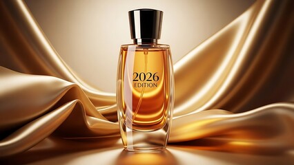 Elegant perfume bottle with golden fabric backdrop and luxurious lighting