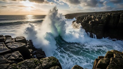 Dramatic Ocean Wave Crashing Against Rocky Cliffs at Sunset Powerful Nature Scene.