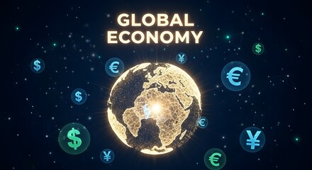 Glowing earth surrounded by glowing currency symbols representing the interconnected global economy and financial markets