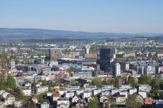 City view with skyscrapers Parktower and Uptown, Zug, Canton Zug, Switzerland