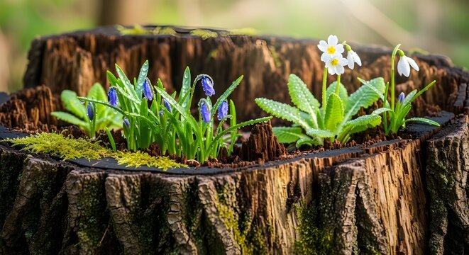 Delicate spring wildflowers bloom vibrantly from a mossy weathered tree stump in a sunlit forest - Powered by Adobe