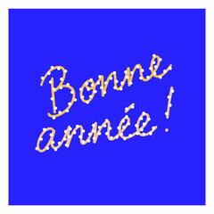 Handwritten festive lettering styled as a glowing string light garland, with warm bulb illumination on a bold blue background. Celebratory New Year holiday design in a modern, playful, decorative look