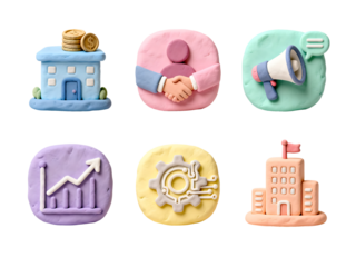 Clay Animation: Business Icons - The image shows six vividly colorful clay icons representing various aspects of business, finance and commerce.