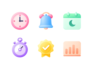 Time Management Essentials: An array of stylized icons, including a clock, alarm bell, calendar, stopwatch, badge, and graph, embodying key concepts of time, schedule, and productivity.