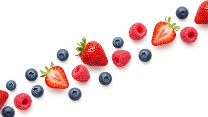 Fresh berries including strawberries raspberries and blueberries arranged in a diagonal pattern on a