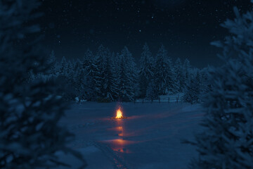 3D Rendering of a Bonfire with Sparks in a Snow-Covered Field