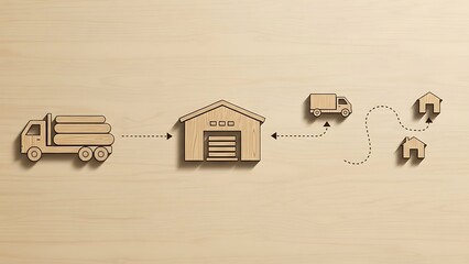 Wooden icons illustrating the complete supply chain process from raw material delivery to final residential distribution on a light wood background
