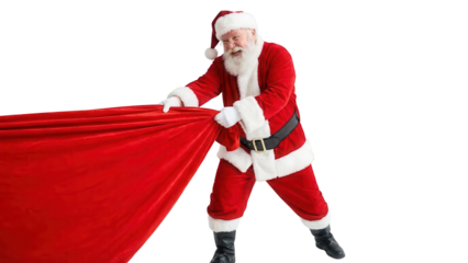 Smiling Santa Claus pulling a large heavy red sack isolated on white background