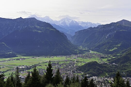 View from Harder Kulm into the Mittelland, Eiger, M&ouml;nch and Jungfrau in the background, Interlaken, Canton of Bern, Switzerland