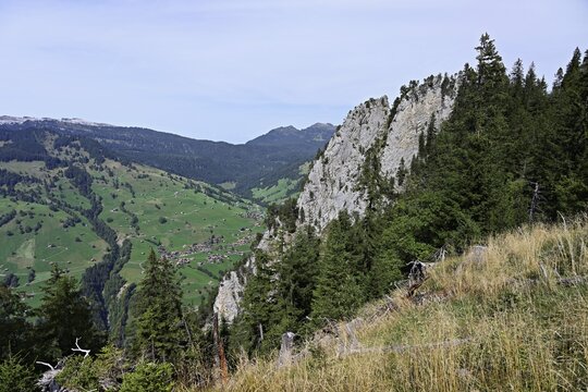 View from Harder Kulm to the Gemmenalphorn and the village, Habkern, Canton Bern, Switzerland