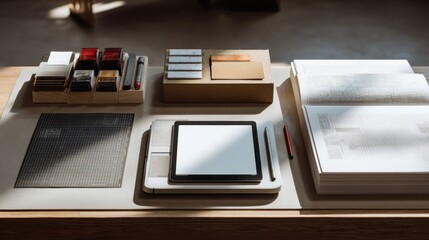 Creative workspace with digital tablet and office supplies for design and planning,Book Publishers Day