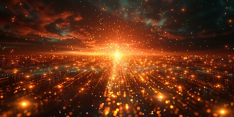 Fototapeta premium Panoramic View of Cosmic Orbs and Trails of Light Leading to a Bright Center