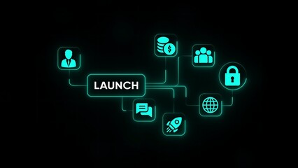 Business Launch Concept With Connected Icons And Text On Dark Background connection