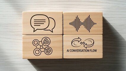 Wooden blocks illustrate the core components of artificial intelligence conversation flow including text input voice recognition neural networks and dialogue management systems