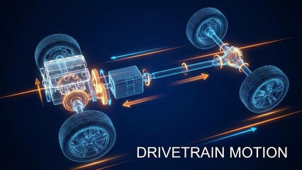 Car drivetrain representing the engine, transmission, and differential components, illustrating power flow and rotation with glowing lines and arrows in a futuristic x-ray style