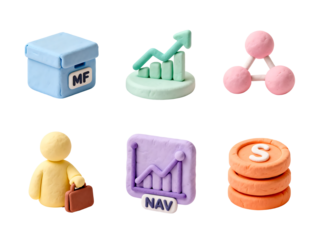 Financial Symbols and Concepts: An array of colorful, handcrafted clay models represents key elements in finance, from storage boxes to charts, graphs, and currency symbols